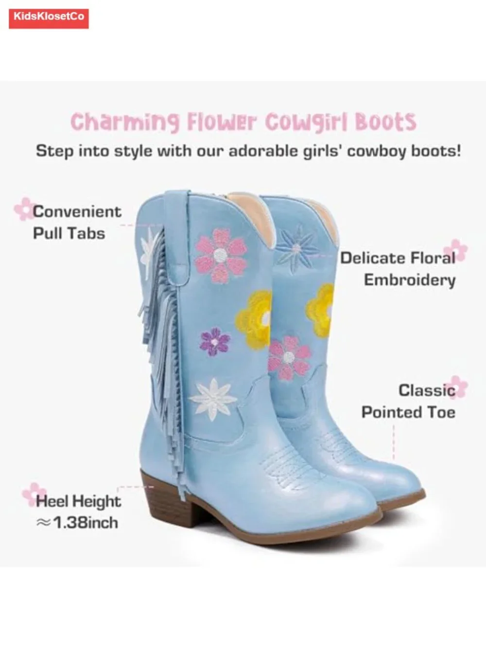 Floral Embroidered Fringe Cowgirl Boots with Side Zipper for Little Big Kids